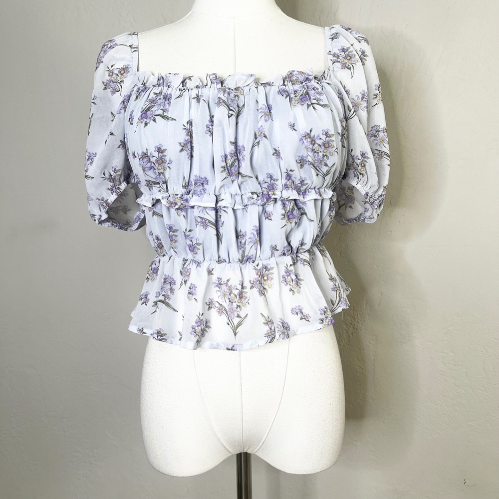 Lumiere Floral Print Ruffle Trim Square Neck Crop Top Light Purple Size Small